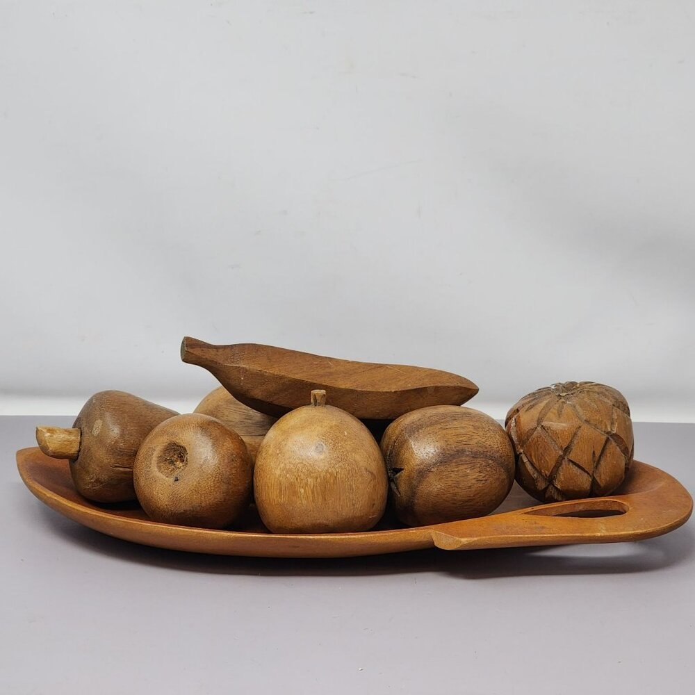 MCM Decorative Teak‎ Monkey Pod Hand-Carved Fruit Nuts and Tray